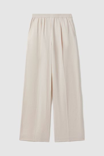 Buy Reiss Oatmeal Vera Petite Lyocell Linen Wide Leg Trousers from