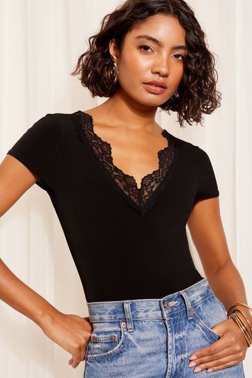Buy Friends Like These Black Short Sleeve Lace Detail Jersey Bodysuit from Next Bahrain