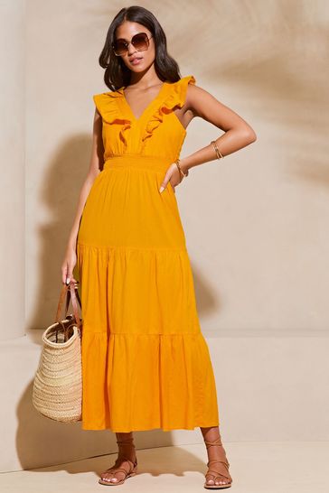 Buy Lipsy Yellow Linen look Sleeveless Ruffle V Neck Midi Dress from Next Bahrain