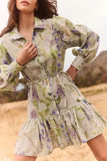 Lipsy Green Floral Linen Look Belted Tiered Shirt Dress
