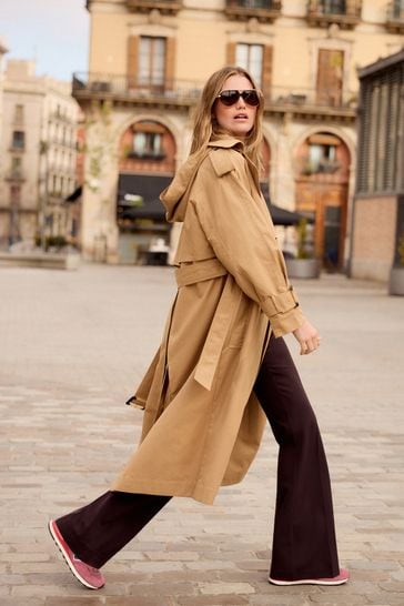 Camel Natural Belted Trench Hooded Double Breasted Coat