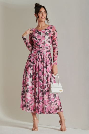 Jolie Moi Pink Abstract Print Mesh Long Sleeve Maxi Dress