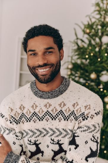 Buy Black White Crew Neck Matching Family Mens Christmas Fairisle Pattern Stag Jumper from Next Netherlands
