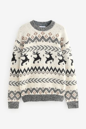 Buy Black White Crew Neck Matching Family Mens Christmas Fairisle Pattern Stag Jumper from Next Saudi Arabia