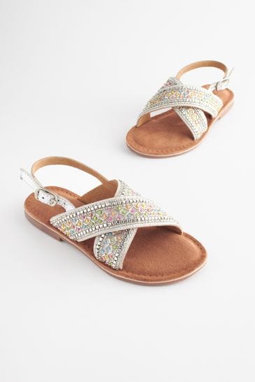 Silver Beaded Cross Strap Sandals