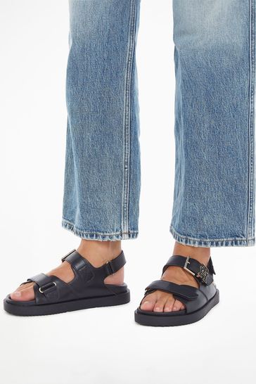 Tommy Hilfiger Black Leather Sporty Sandals 5 Womens