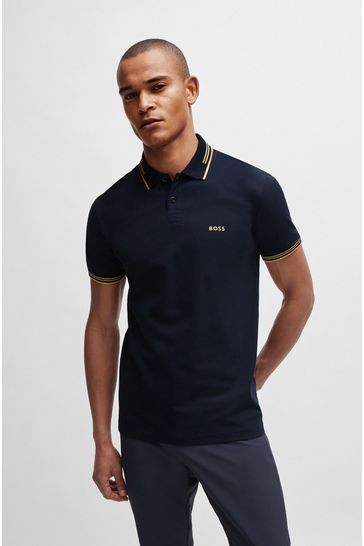 BOSS Dark Blue Tipped Slim Fit Stretch Cotton Polo Shirt