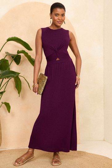Love Roses Burgundy Red Knot Front Jersey Sleevless Midi Dress