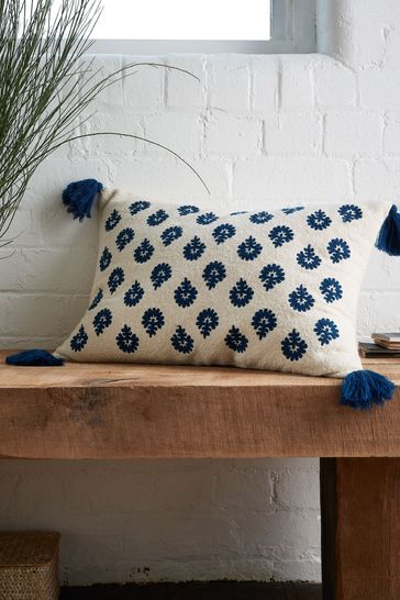 Pineapple Elephant Indigo Blue Raya Tassel Cotton Cushion