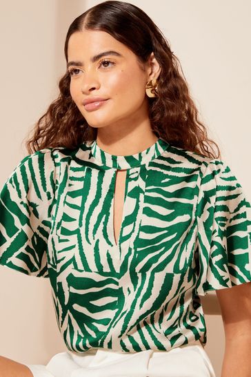 Friends Like These Green Printed Flutter Sleeve Keyhole Blouse