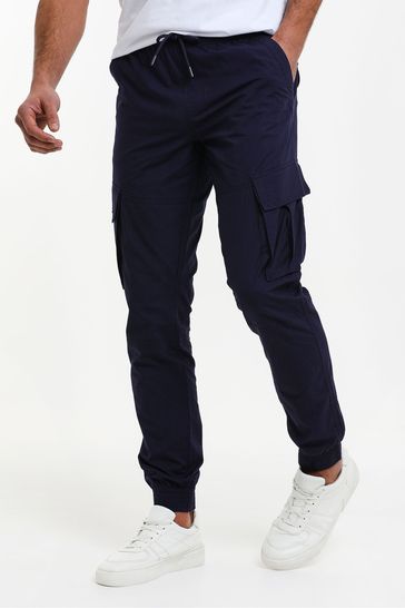 Threadbare Blue Cotton Slim Fit Cuffed Cargo Trousers