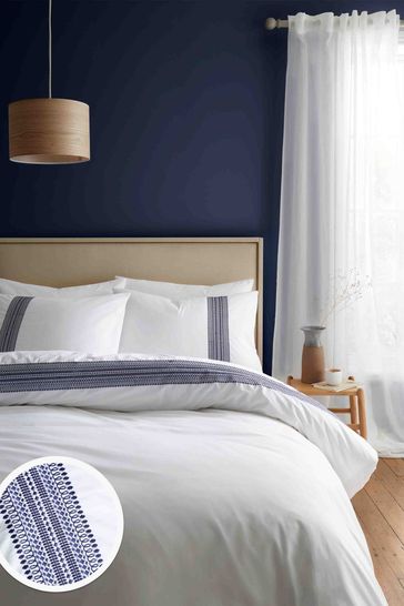 Bianca White Remy Navy Blue Embroidery Cotton Duvet Cover Set