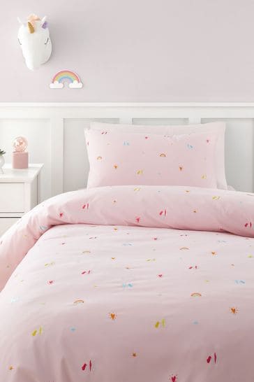 Catherine Lansfield Pink Embroidered Unicorn and Rainbows Duvet Cover Set