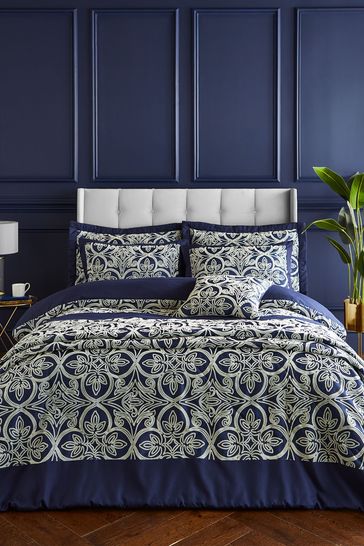 Catherine Lansfield Blue Navy Flock Trellis Duvet Cover Set