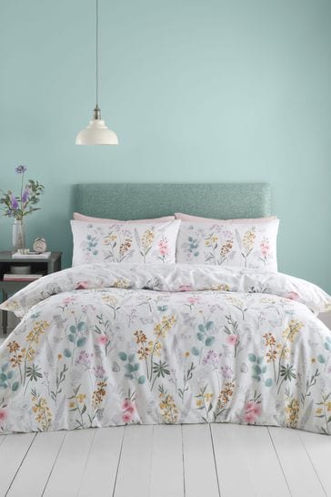 Catherine Lansfield White/Green Emilia Floral Reversible Duvet Cover Set