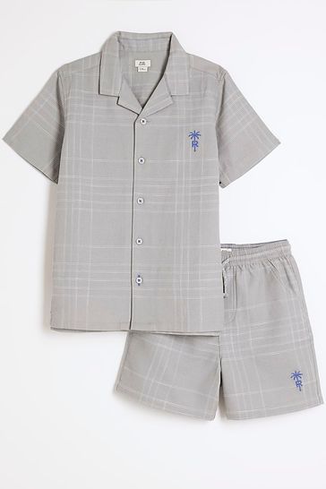River Island Grey Boys Grey Check Shirt Shorts Set