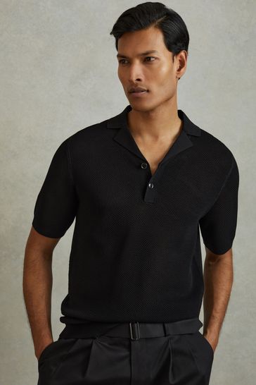 Reiss Black Charlie Open-Stitch Cuban-Collar Polo Shirt