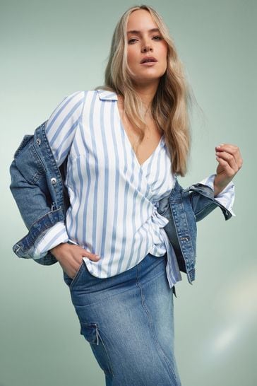 Long Tall Sally Blue & White Stripe Collared Wrap Top