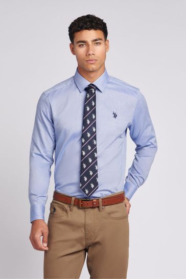 U.S. Polo Assn. Mens Blue Long Sleeve Dobby Texture Shirt