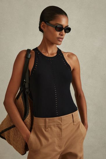 Reiss Black Cammi Fitted Cut-Out Detail Vest