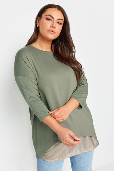 Yours Curve Green Mesh Dipped Hem Top
