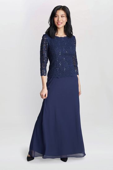 Gina Bacconi Blue Virginia Maxi Lace Dress With Chiffon Skirt