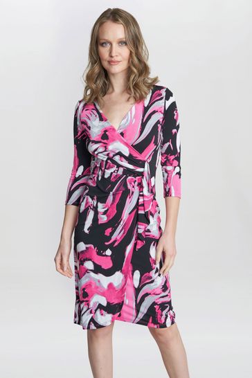 Gina Bacconi Pink Anabelle Printed Jersey Ruffle Dress