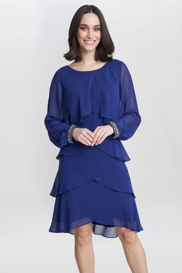 Gina Bacconi Blue Sakura Long Sleeved Tiered Dress With Rhinestone Beading At Cuff