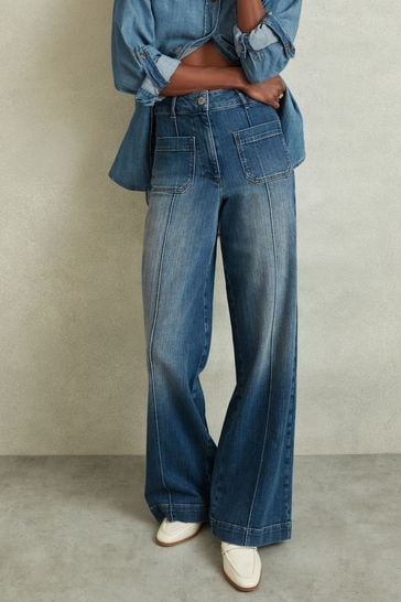 Reiss Mid Blue Kira Front Pocket Wide Leg Jeans