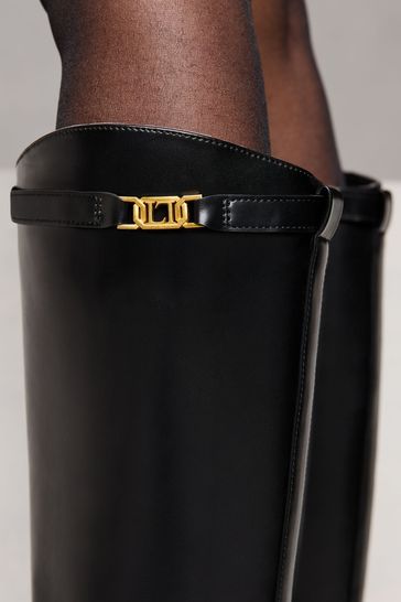 Lipsy Black Standard Fit Flat Long Knee High Faux Leather Riding Boots