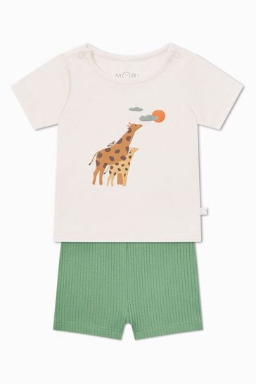 Pijama corto color crema con estampado de jirafa de bambú y algodón orgánico de MORI