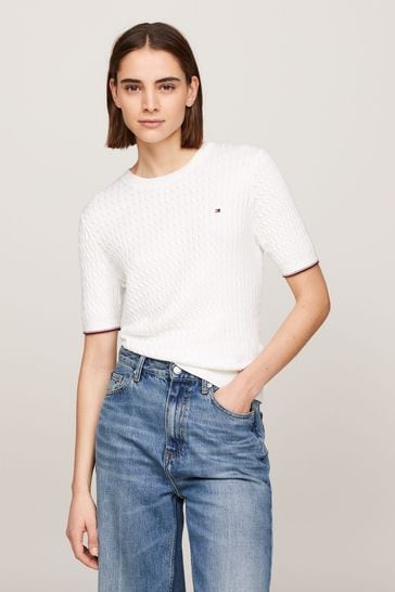 Tommy Hilfiger Cream Cable Short Sleeve Sweater