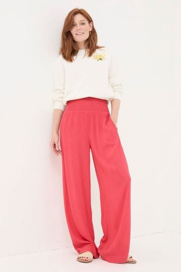 FatFace Red Shirred Wide Leg Palazzo Trousers