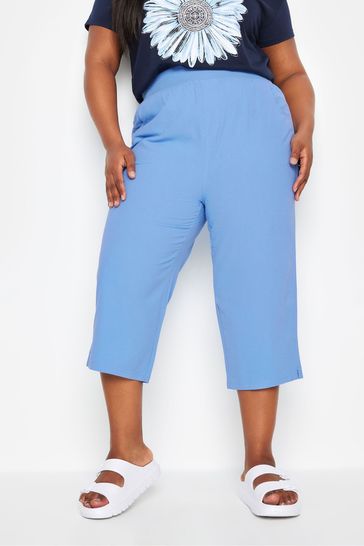 Yours Curve Mid Blue Cool Cotton Cropped Trousers With Jersey Waist Band