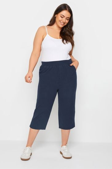 Yours Curve Blue Cool Cotton Cropped Trousers With Jersey Waist Band