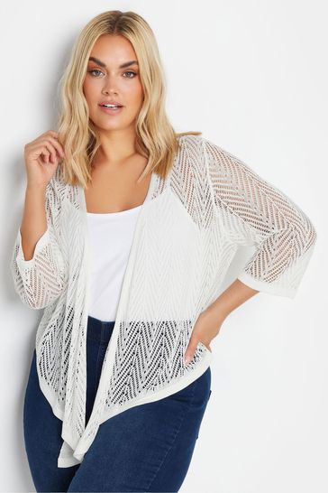 Yours Curve White Chevron Pointelle Waterfall Cardigan