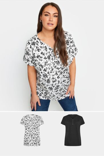 Yours Curve Black 2 PACK Floral Pintuck Henley Blouses