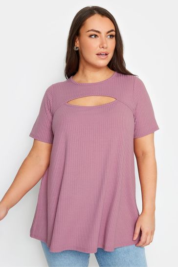Yours Curve Pink Ribbed Cut Out T-Shirt