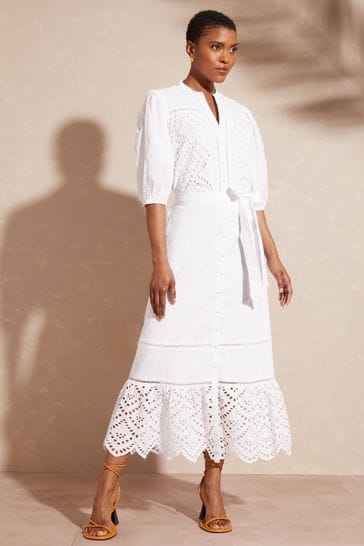 Love & Roses White Petite Patched Broderie Midi Shirt Dress