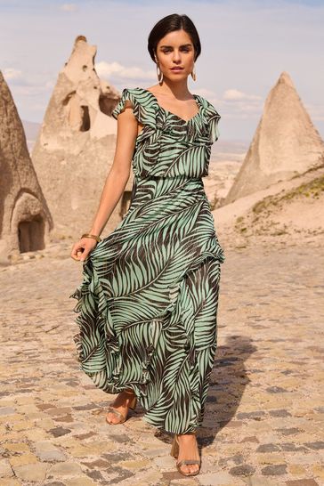 Love Roses Brown Palm Printed Metallic Ruffle Detail Tie Back Maxi Dress