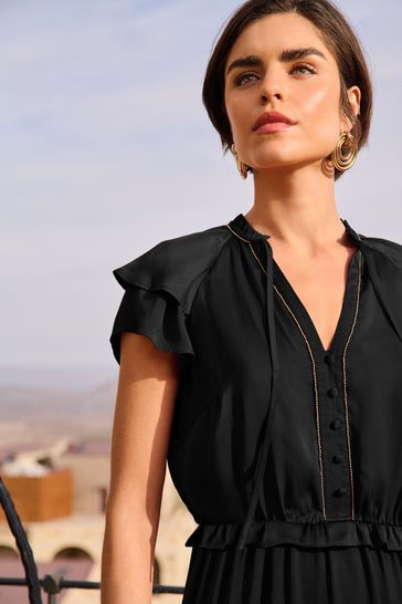 Buy Love Roses Beaded Trim Ruffle Satin Midi Dress from Next Bahrain