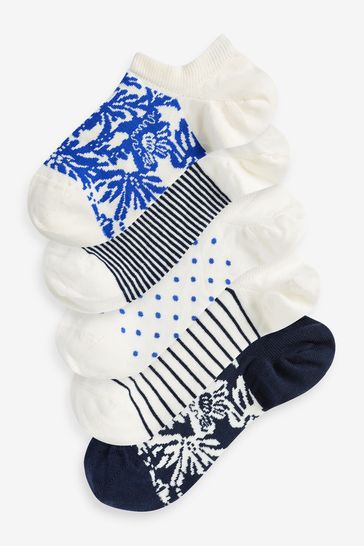 White/Blue Floral Trainer Socks 5 Pack