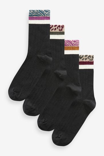 Black/Animal Ribbed Ankle Socks 4 Pack