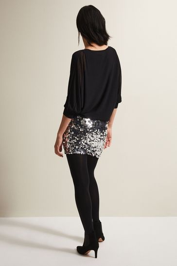 Phase Eight Multi Becca Sequin Batwing Black Mini Dress