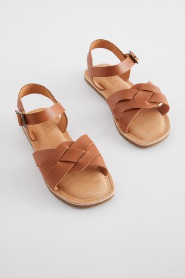 Tan Brown Standard Fit (F) Leather Woven Sandals