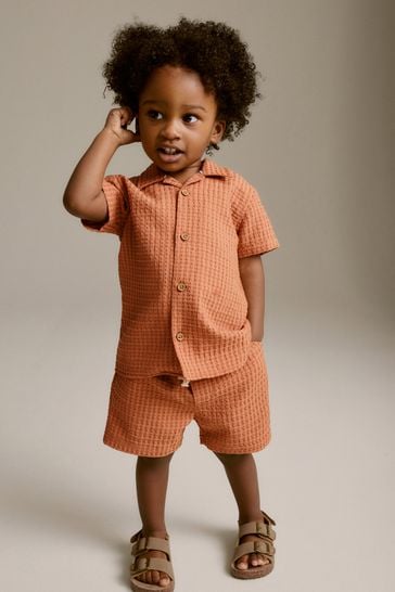 Rust Brown Short Sleeve Textured Shirt and Shorts Set (3mths-12yrs)