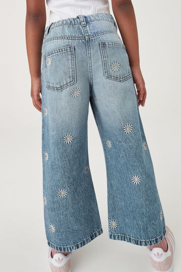 Buy Mid Blue Denim Floral Embroidered Wide Leg Jeans (3-16yrs 