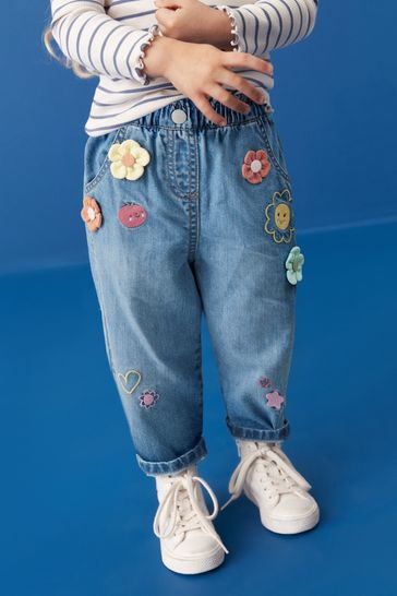 Mid Blue Denim 3D Flower Slouchy Jeans 3mths 7yrs