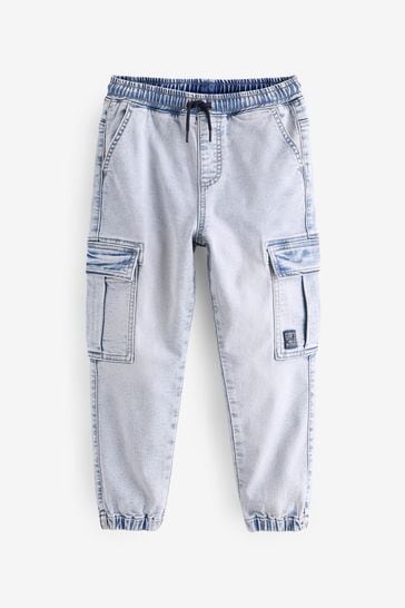 Bleach Blue Denim Cargo Jeans With Elasticated Waist (3-16yrs)