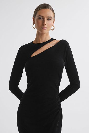 Reiss Black Macey Petite Velvet Cut-Out Midi Dress